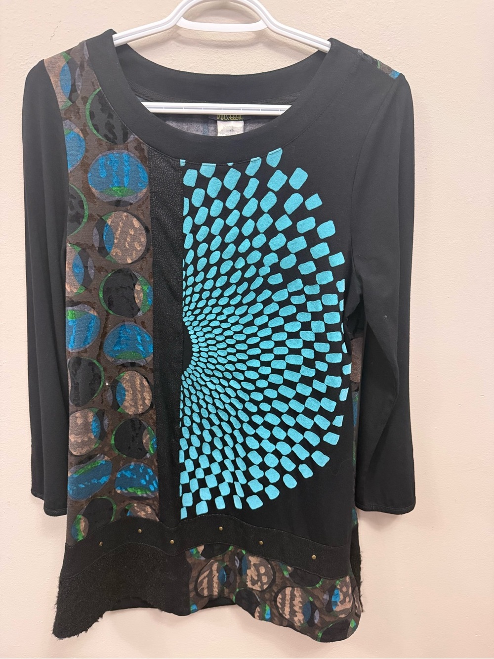 Dolcezza Simply Art Long Sleeve Mixed Media Tunic Dress Blue Black Womens Small